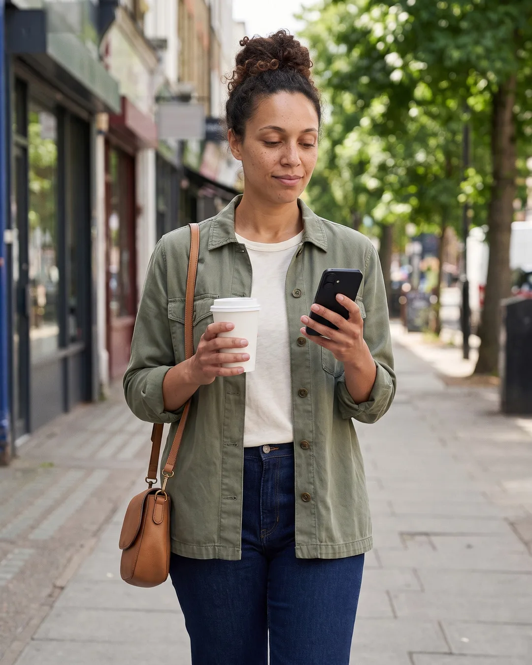 Maya on the high street with a coffee, checking her phone.