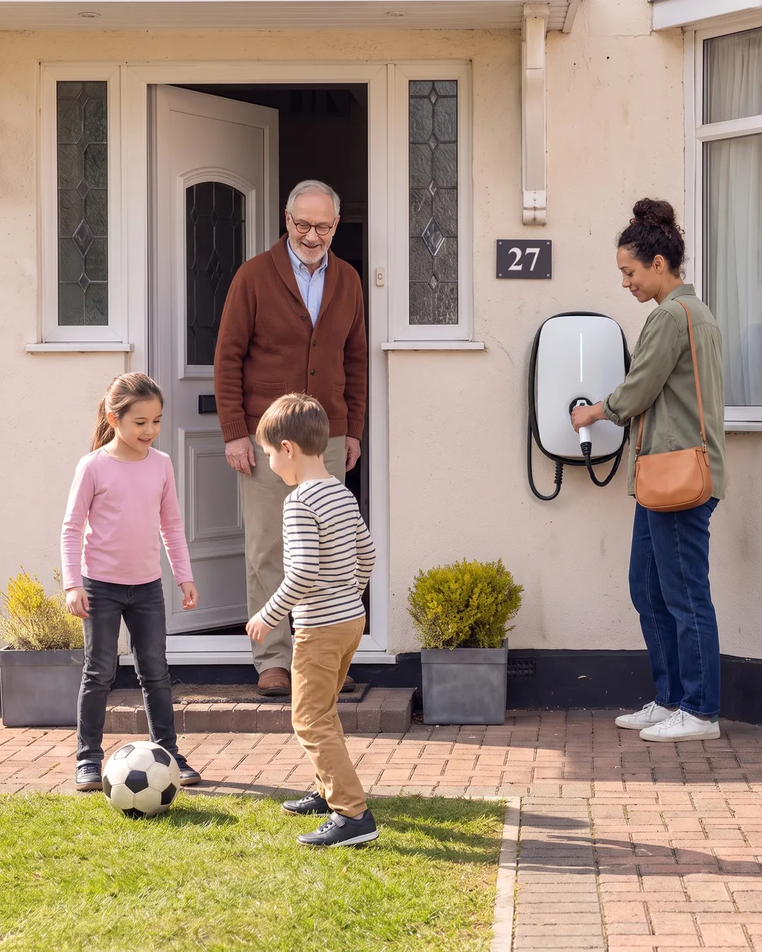 15:00. Maya at Martin's charger, the connector back in its holder, while his grandchildren play football on the lawn.