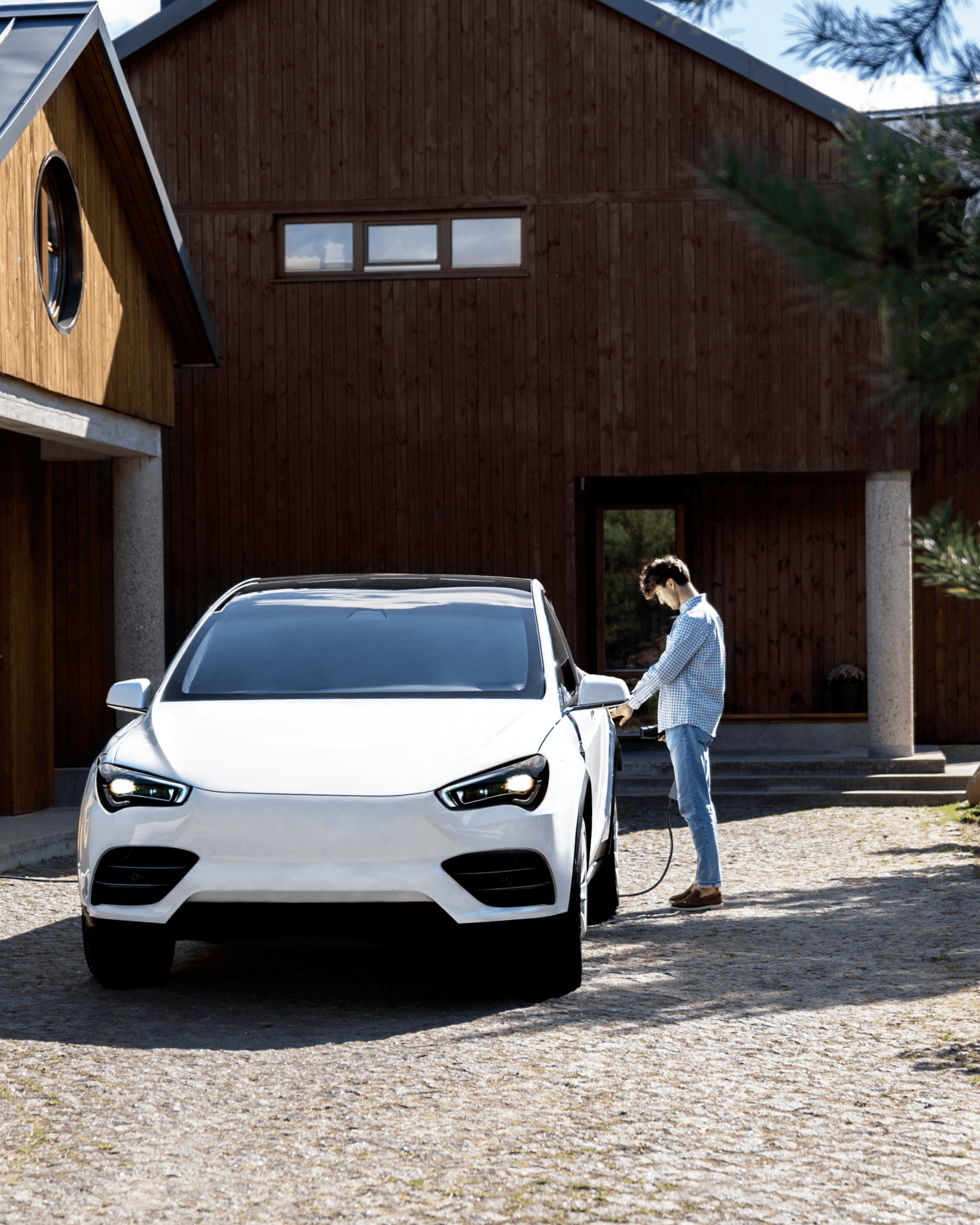 An EV on a home driveway