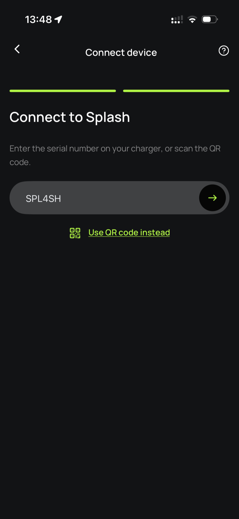 Splash Share, entering the charger serial number
