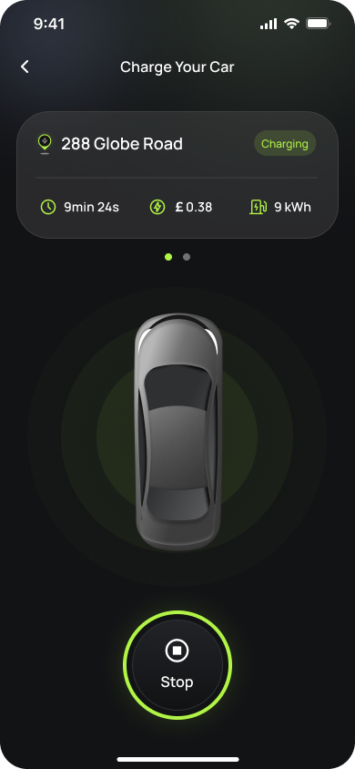 A live charging session in the Splash app, showing time, cost and charge added with a stop button