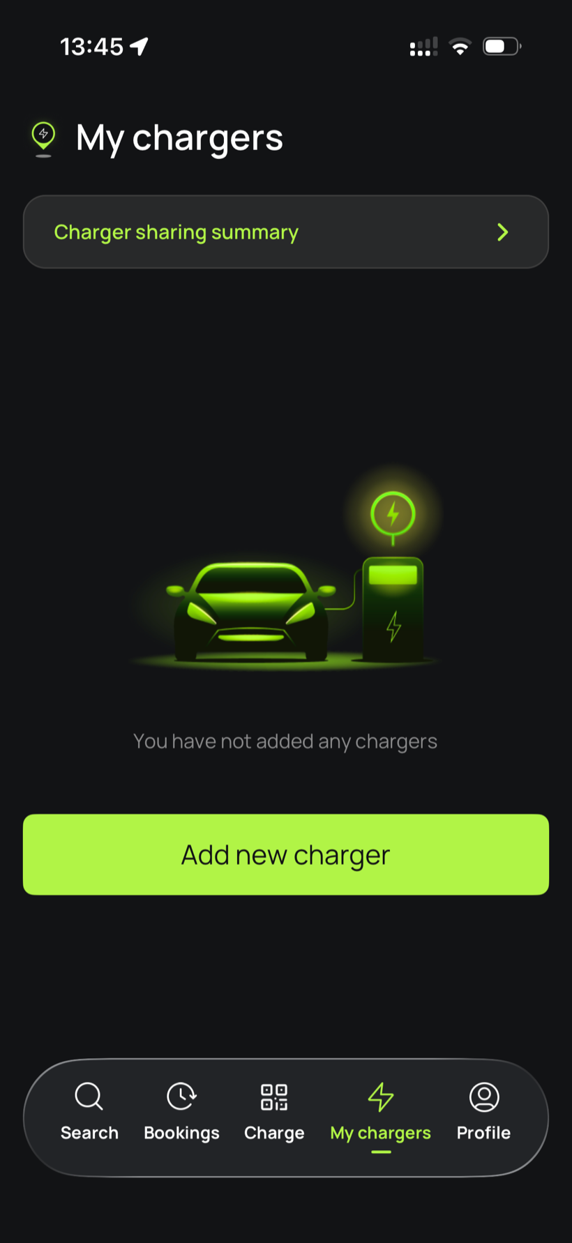 Splash Share, the My chargers screen with the Add new charger button