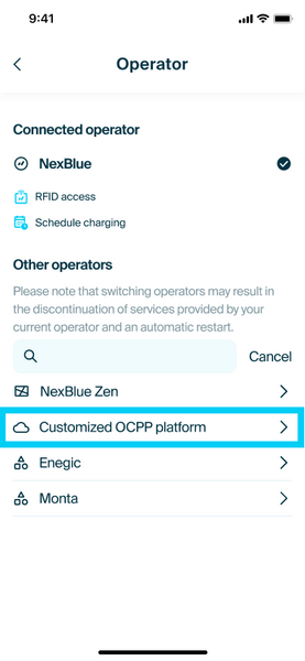 myNexBlue app: the Operator screen with Customized OCPP platform highlighted
