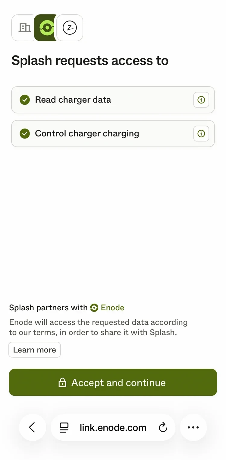Enode's screen with the Zaptec logo: Splash requests access to read charger data and control charger charging, with an Accept and continue button