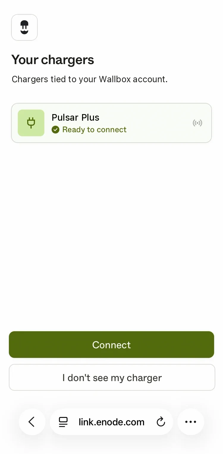 Enode's Your chargers screen: chargers tied to your Wallbox account, one ready to connect, with Connect and I don't see my charger